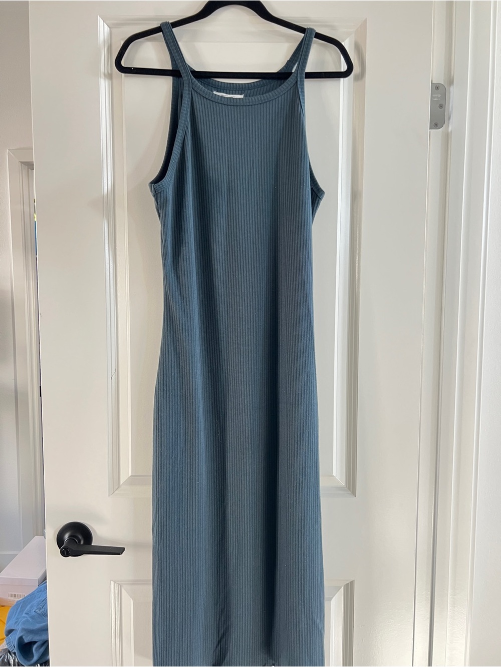 Ribbed Maxi Dress in Slate Blue-Grey With Slit quality fabric and chic look XL